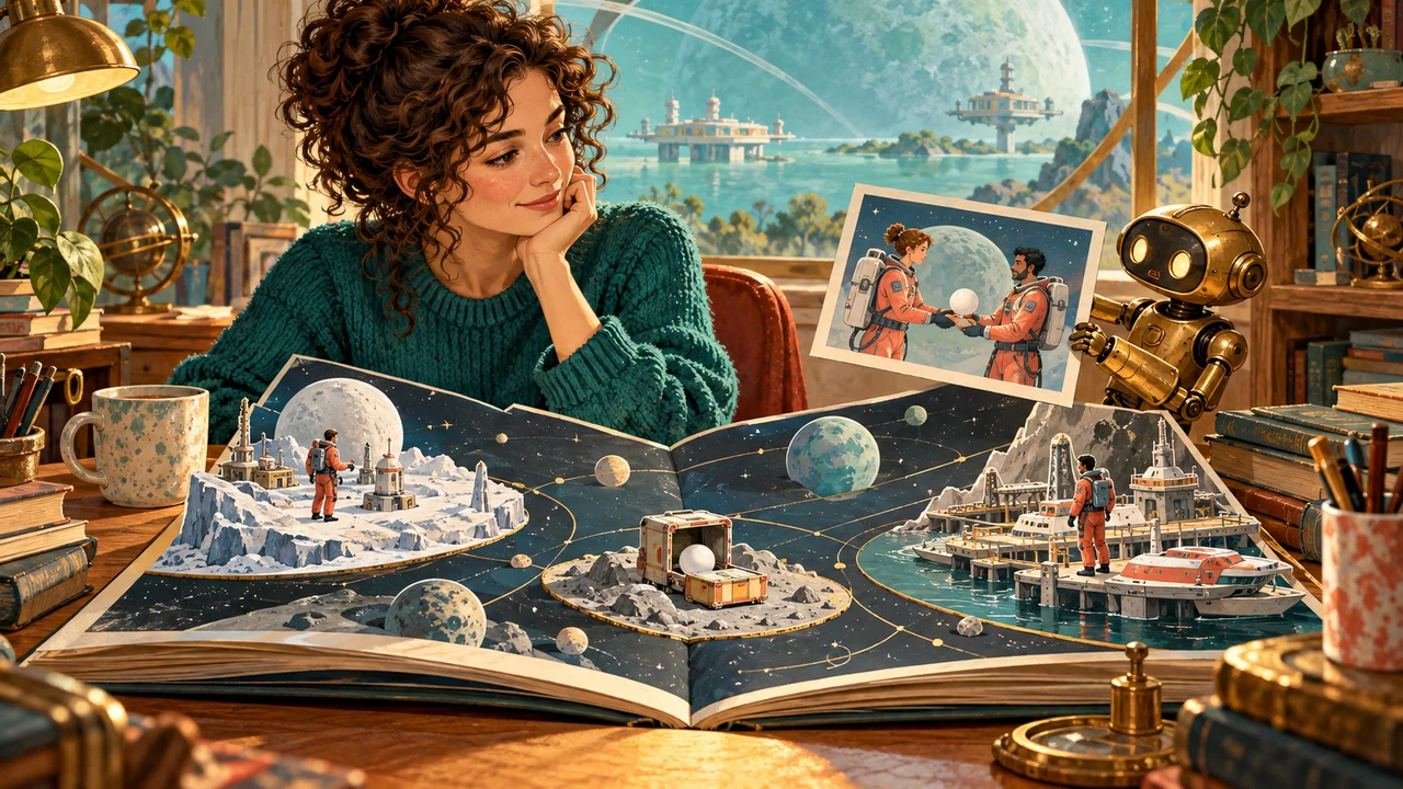 An AI-proposed space scene contrasts with two characters in separate habitats and a white access core stored elsewhere in the recorded world.