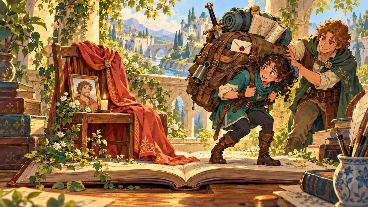 Beside a departed hero's empty chair and memorial portrait, a living adventurer struggles to carry the belongings and responsibilities left behind.