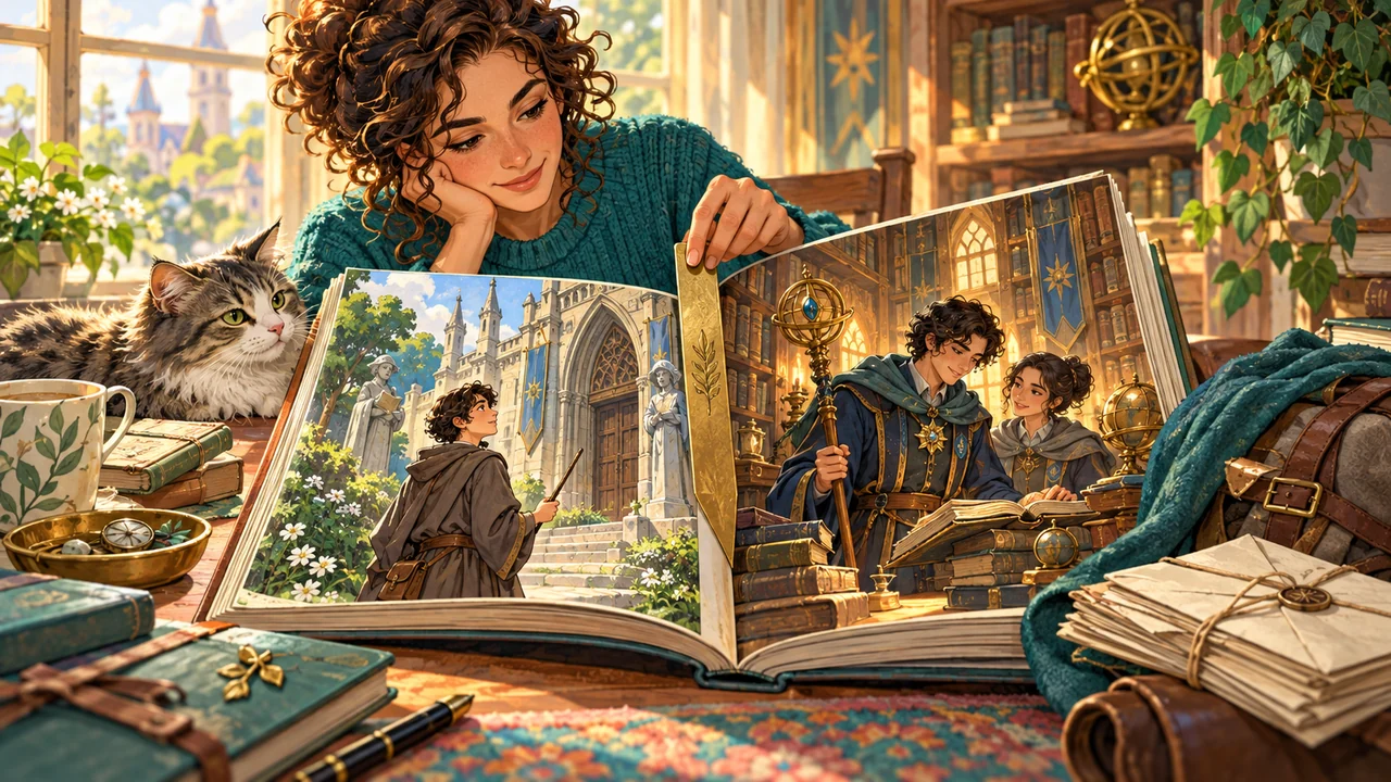 Earlier and later story pages preserve a mage's changing role, equipment, relationships, and library access without erasing his past.