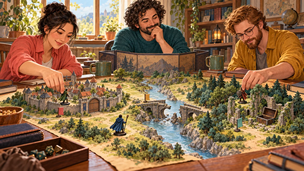 Players spread their party across a sandbox map while the GM tracks a closed gate, damaged bridge, and emptied chest left by earlier choices.