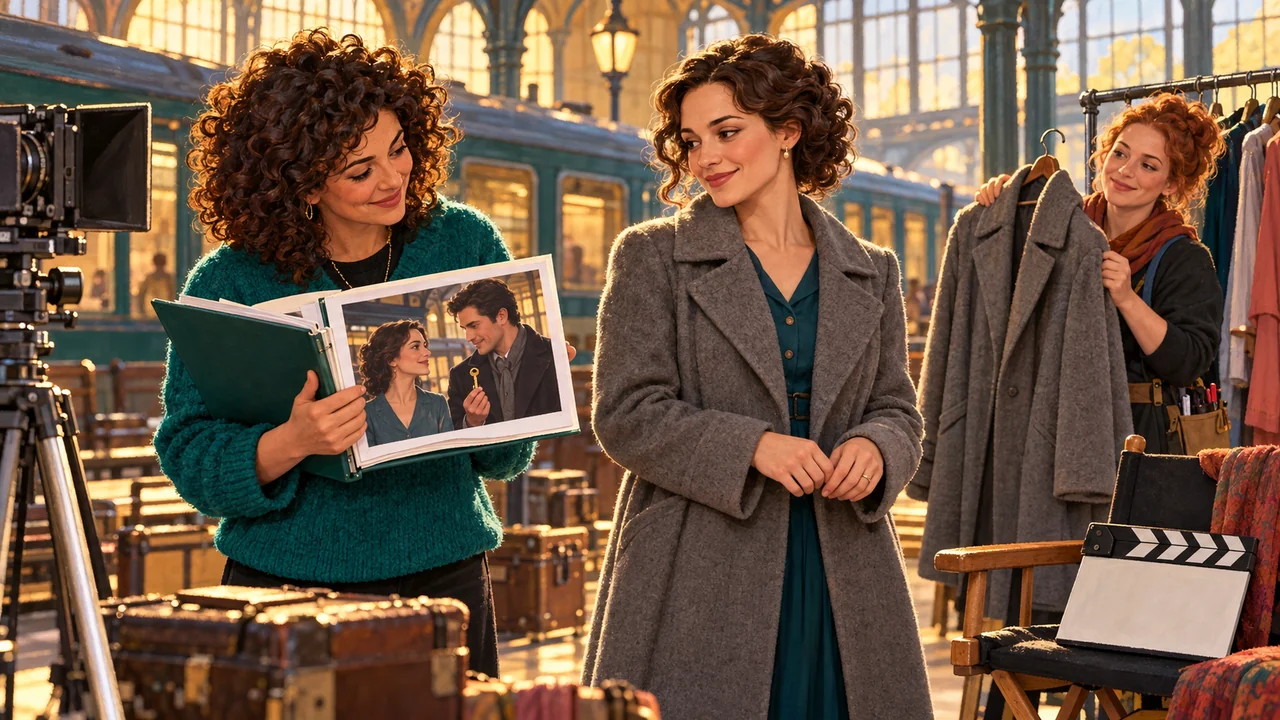 A script supervisor compares an actress's earlier gray coat and ring with a later reference still to restore the correct scene continuity.