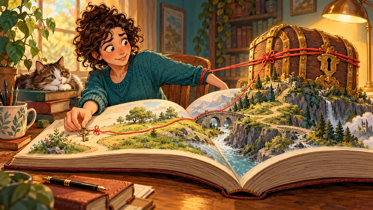 A novelist plants a tiny key in an early storybook page, only to find its thread pulling a heavy treasure chest from later pages.