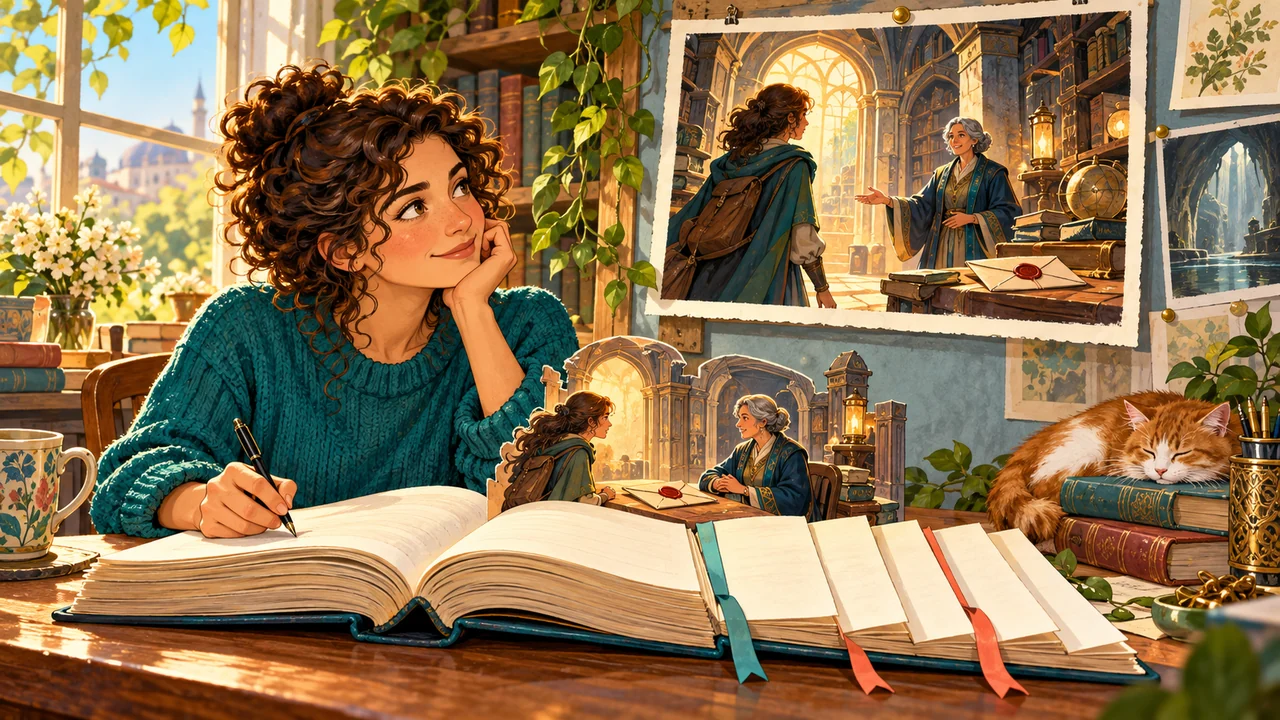 A planned future archive scene stays visible while the author writes earlier encounters that must establish its missing conditions.