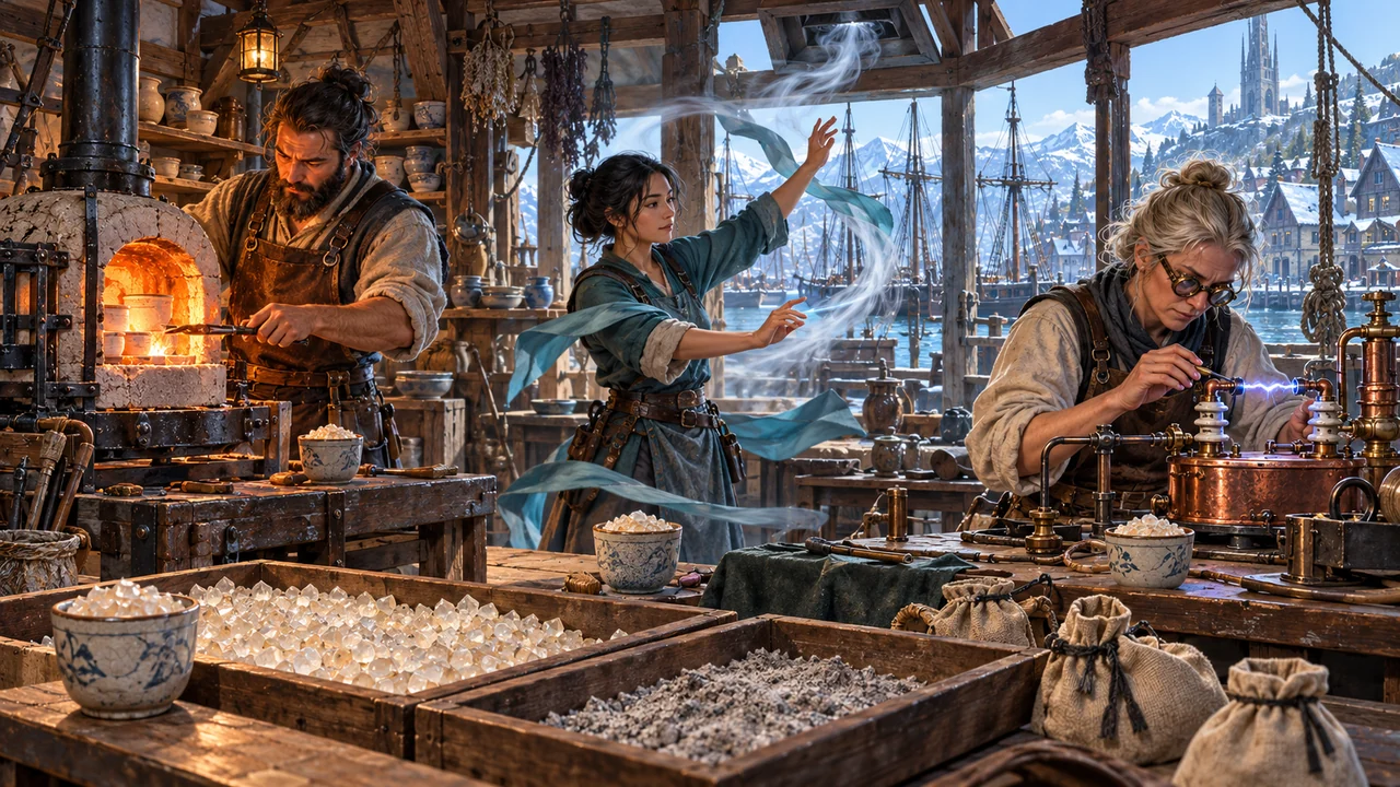 Three spellcasters in a harbor workshop use the same crystal sand for heat, electrical discharge, and airflow, with fresh and spent material in the foreground.