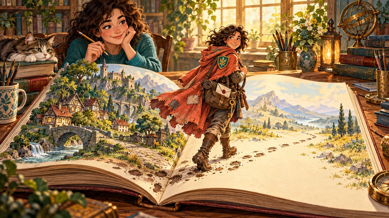 An adventurer enters a fresh storybook page with a patched cloak, faction crest, carried items, and muddy footprints leading back through earlier pages.