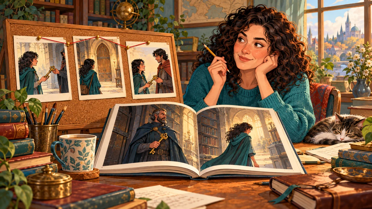 The outline plans a heroine's key acquisition, but the manuscript scene leaves her empty-handed while the guard still carries the key.