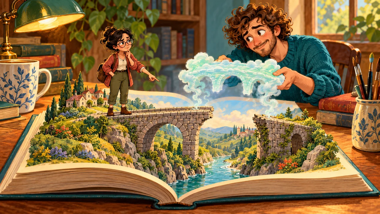 A reader notices a gap in a storybook bridge while the novelist offers a wispy imagined bridge that cannot support it.