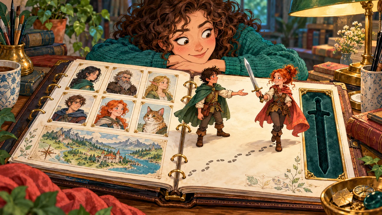 Tiny story characters climb out of an orderly setting binder and pass a sword between them, leaving its display slot empty.
