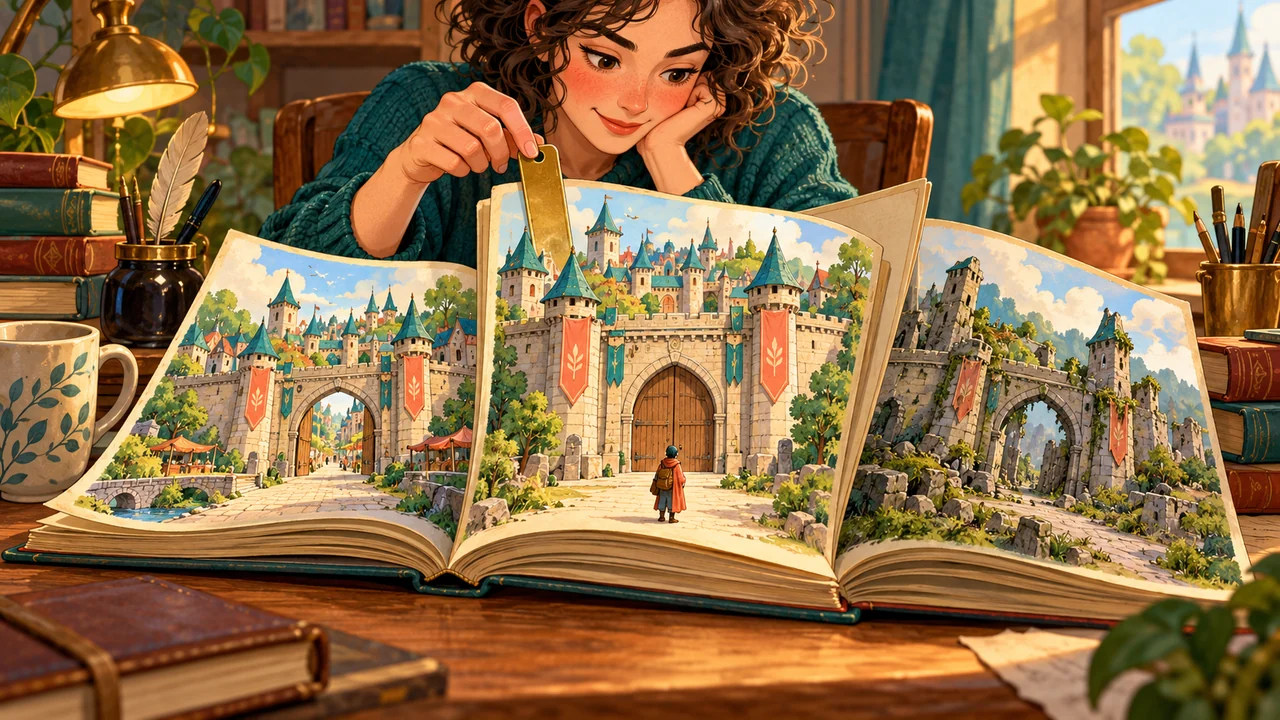 A novelist selects a storybook page while layered pop-up leaves preserve the same city gate open, closed, and in ruins at different moments.