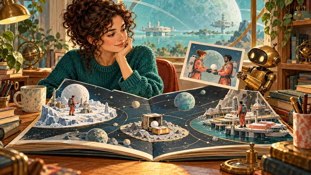 An AI-proposed space scene contrasts with two characters in separate habitats and a white access core stored elsewhere in the recorded world.