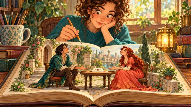 Two story characters look toward the novelist while a sealed letter remains untouched between them and the pencil waits above the page.