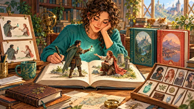 A writer combines planning cards, complete saved versions, and world references around one consequential vial exchange in the manuscript.