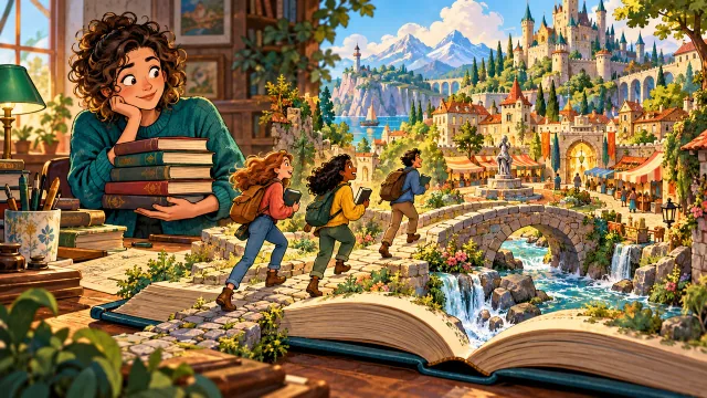 Readers eagerly enter a miniature world inside an open book while a surprised novelist offers them a stack of books.