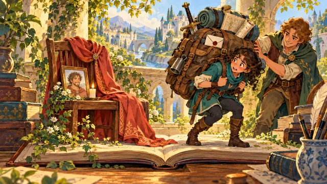 Beside a departed hero's empty chair and memorial portrait, a living adventurer struggles to carry the belongings and responsibilities left behind.