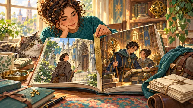 Earlier and later story pages preserve a mage's changing role, equipment, relationships, and library access without erasing his past.