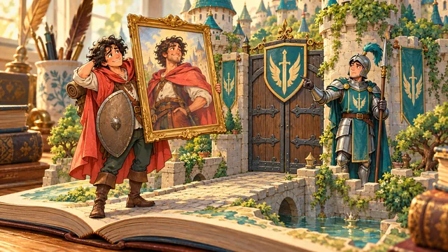 An adventurer offers a heroic self-portrait at a castle gate, but the guard points to the knight's crest their shield does not carry.