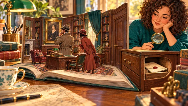 Investigators examine a painting while an unfound letter remains in the study's drawer, visible in cutaway to the watchful Keeper.