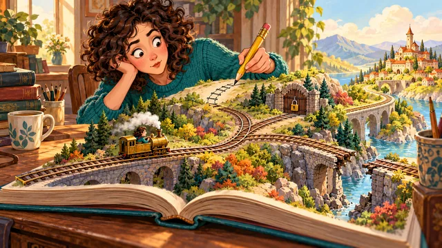 A novelist tries to add a shortcut to a storybook railway, but earlier obstacles leave only one continuous route for the traveler.