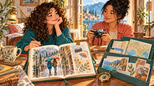 A travel diary preserves a rainy-day experience while attached notes and a route folder keep later explanations and practical information nearby.