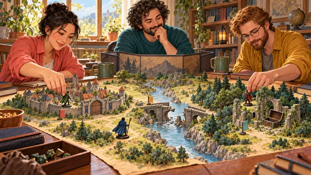 Players spread their party across a sandbox map while the GM tracks a closed gate, damaged bridge, and emptied chest left by earlier choices.