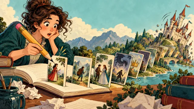 A novelist revises an early story card, triggering a domino effect that tips later cards and a storybook castle.