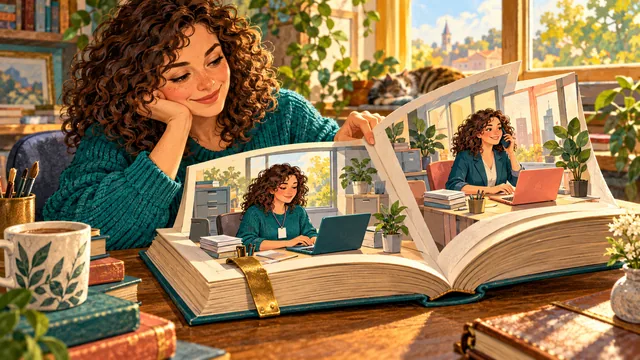 A bookmark selects an earlier career page while later pages preserve the same woman's changed role, workplace, laptop, and phone.