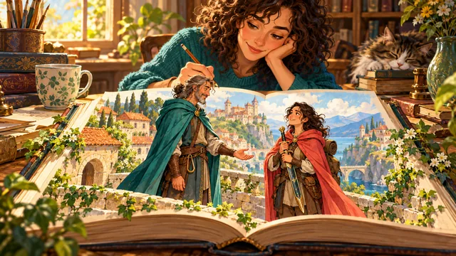 A novelist watches a heartfelt farewell while one traveler now holds the other's sheathed sword, leaving the giver's hand and belt loop empty.