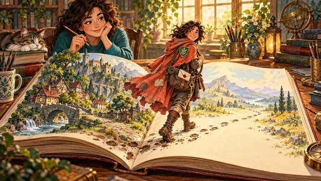 An adventurer enters a fresh storybook page with a patched cloak, faction crest, carried items, and muddy footprints leading back through earlier pages.