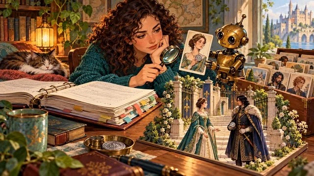 An AI drafting helper offers a character reference while the novelist checks a silver seal's actual holder in the manuscript scene.