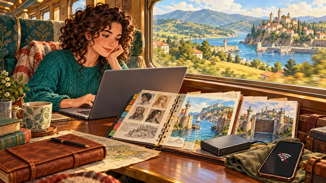 A writer continues a prepared offline session with local chapters and world references, keeping a separate backup drive beside the project.