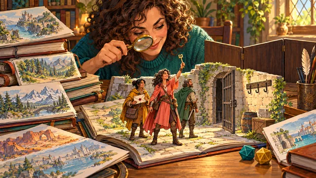 A Game Master looks beyond illustrated session records to the current party, where one adventurer holds the key and another carries the letter.