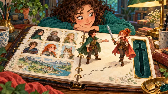 Tiny story characters climb out of an orderly setting binder and pass a sword between them, leaving its display slot empty.