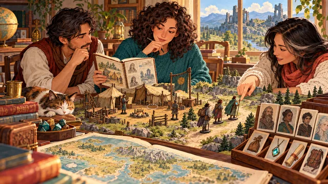 A GM checks earlier session notes against a guide's current amulet, a departed member's location, and an unfinished company request.
