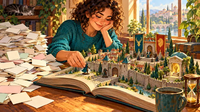The GM sets aside excess planning cards to focus on a city's relic, gate, faction leadership, and passing time.