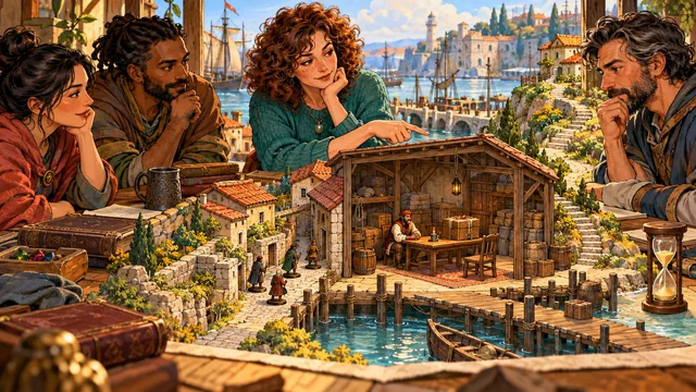 The party reaches a warehouse by another route, but a merchant and intact goods still wait for the missing second trader before an exchange.