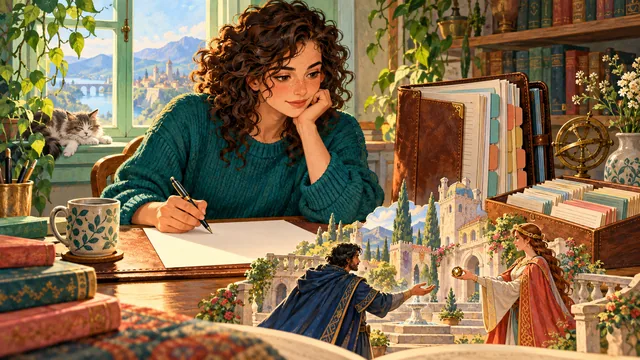 A novelist balances a quiet writing page with an organized long-form binder while checking who holds a ring in the current story scene.