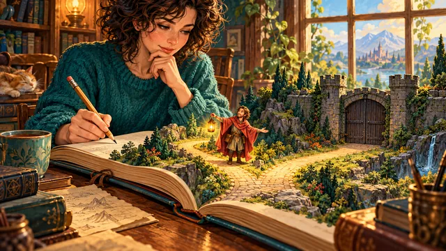 A lantern-bearing story guide shows a crossroads and closed gate while the novelist keeps the pencil and considers the next choice.