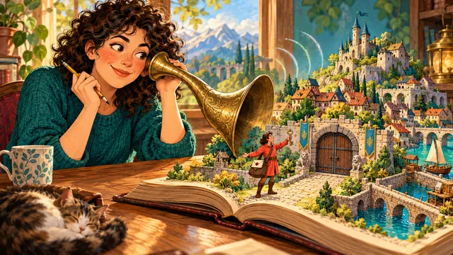 A novelist listens through a brass ear trumpet as a storybook courier displays their key and points toward the town's closed gate.