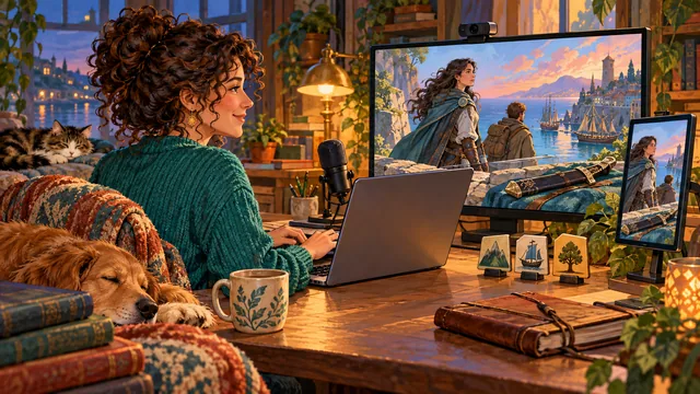The writer keeps the manuscript on a private working screen while separate landscape and portrait displays show only story-scene visuals.