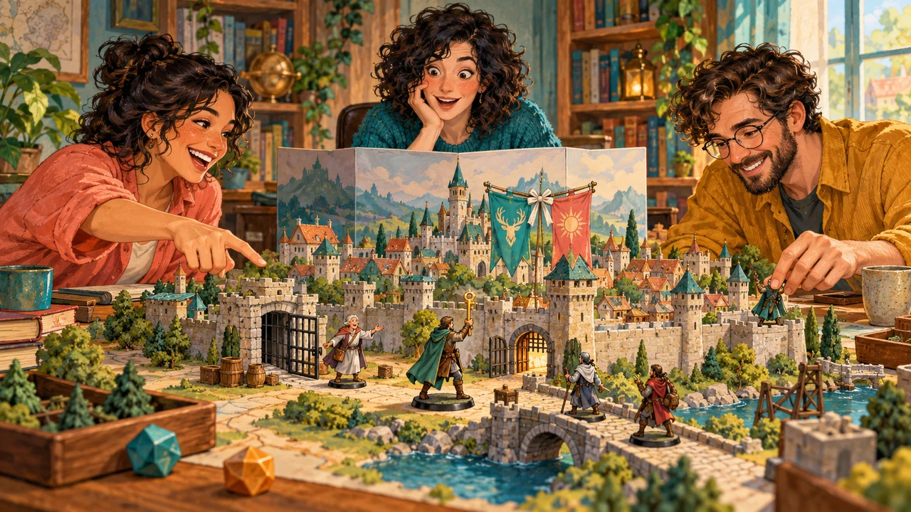 A surprised Game Master watches players reshape a miniature city, with an open cell, a freed NPC, a new key holder, and banners tied in alliance.