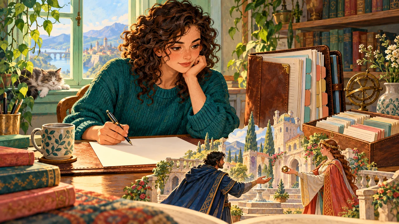 A novelist balances a quiet writing page with an organized long-form binder while checking who holds a ring in the current story scene.