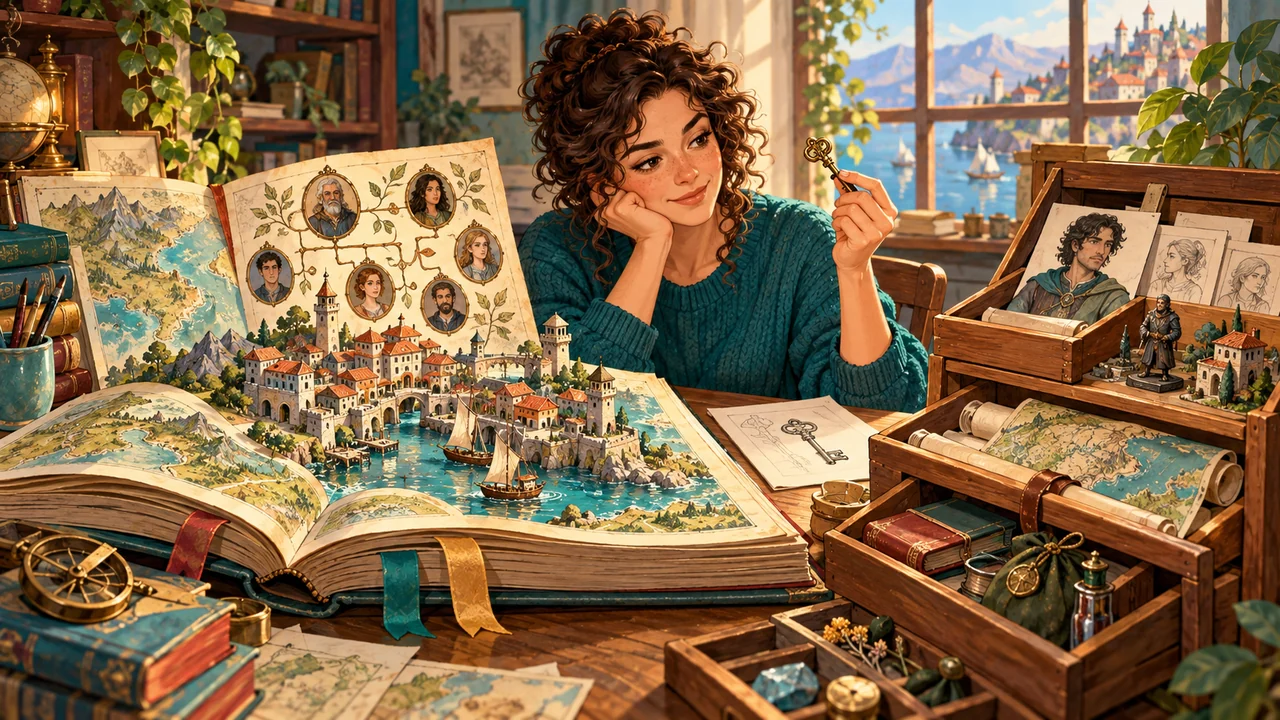 A novelist consults an interconnected world atlas and customizable lore trays while checking a key against its reference record.