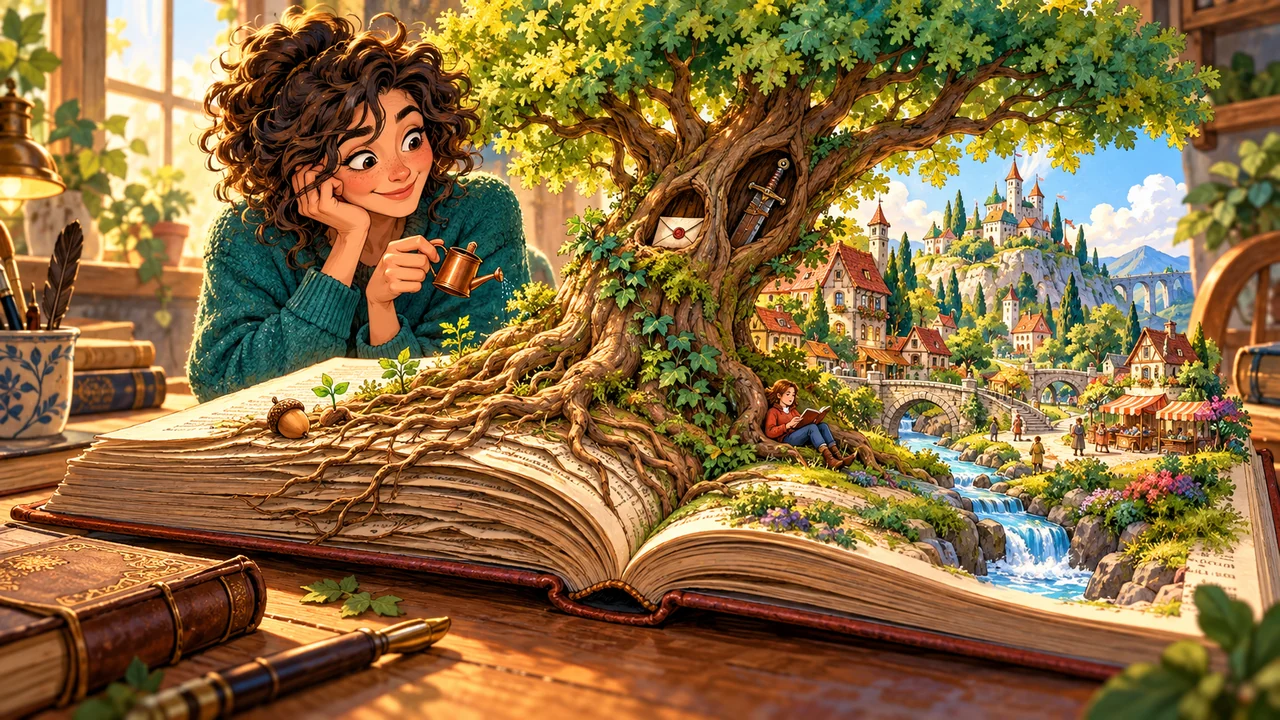 A tiny acorn and roots reaching through earlier pages support a flourishing storybook tree and town, surprising a novelist with a small watering can.