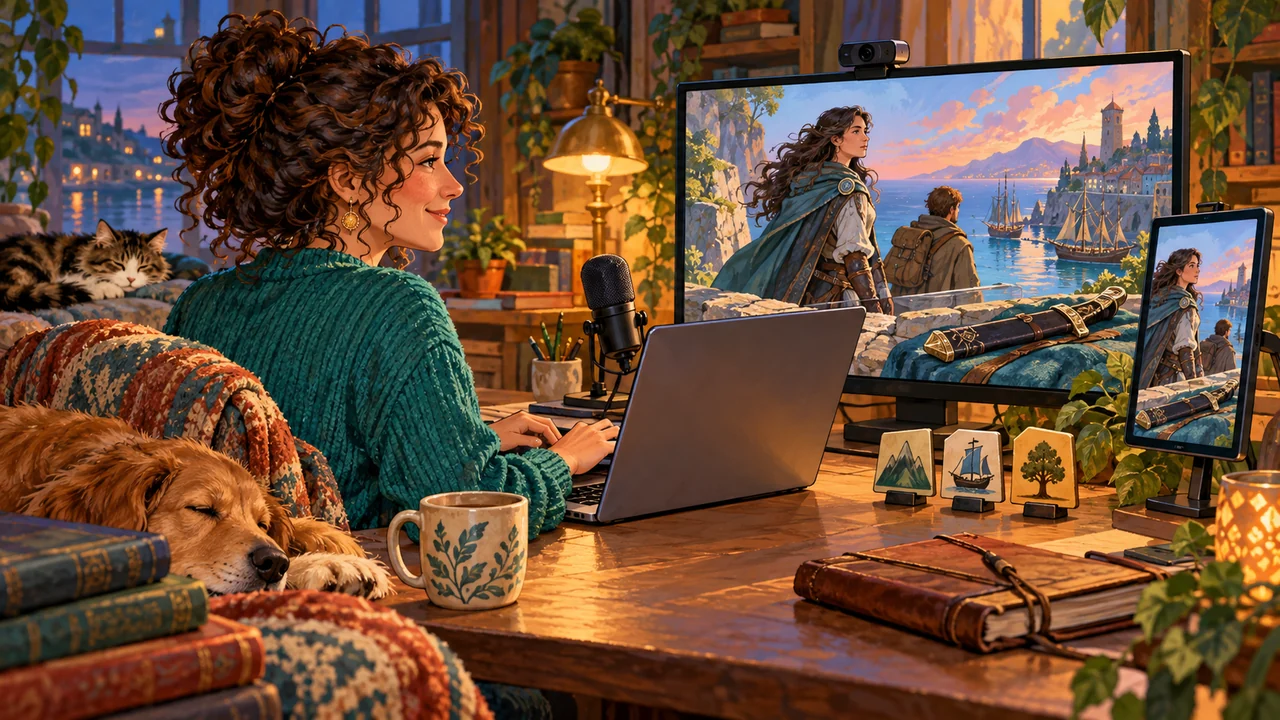 The writer keeps the manuscript on a private working screen while separate landscape and portrait displays show only story-scene visuals.